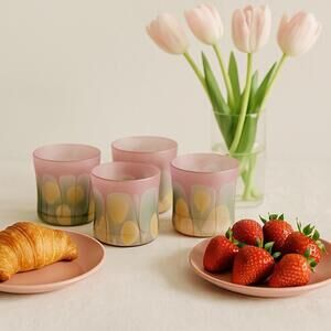 Reuven Glass 1990s Set Of 4 Nouveau Frosted Satin Pink Watercolor Tumblers